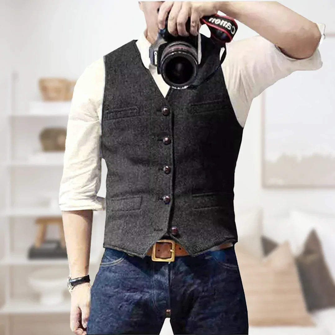 Classic men's slim fit herringbone tweed vest, versatile for formal or party wear.