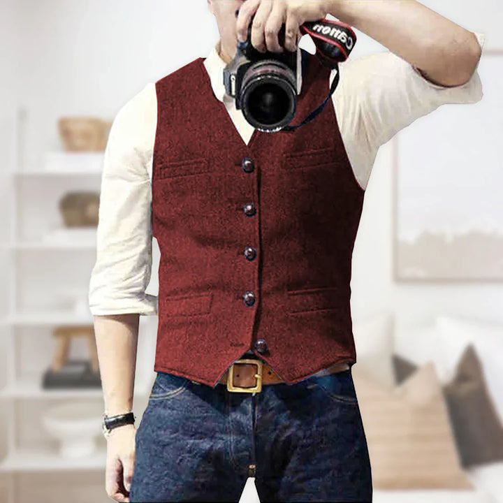 Stylish men's slim fit brown herringbone tweed waistcoat, tailored elegant vest.