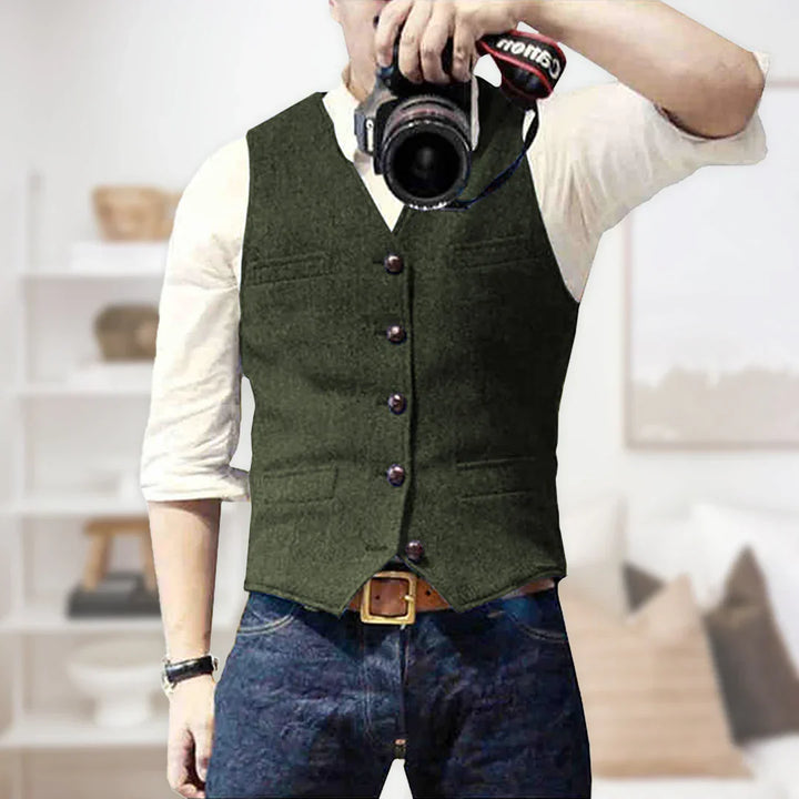 Formal men's slim fit herringbone tweed vest, perfect for special occasions.