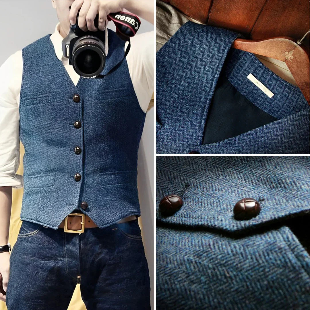 Brown herringbone tweed waistcoat for men, slim fit, versatile formal vest.