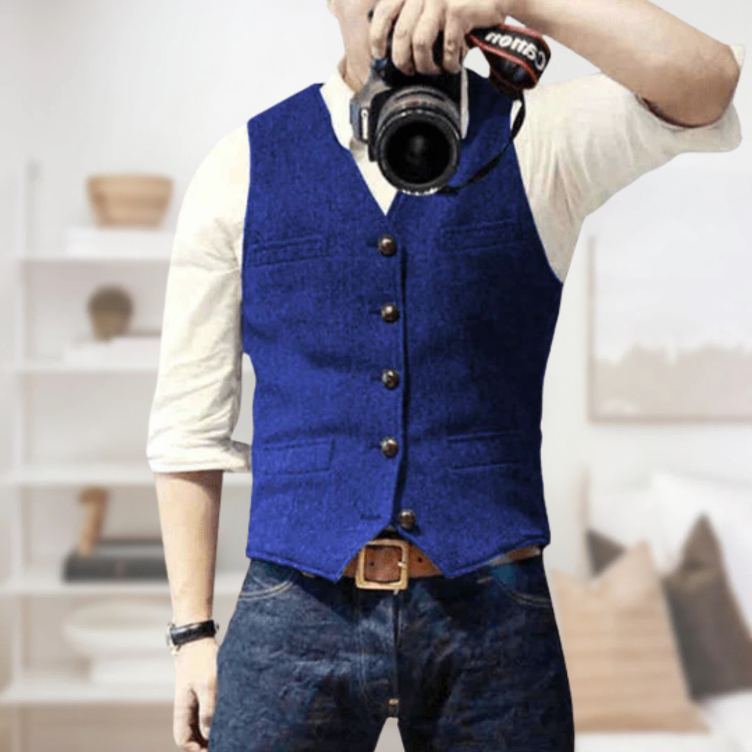 Men's classic slim fit herringbone tweed vest, an elegant layering piece.