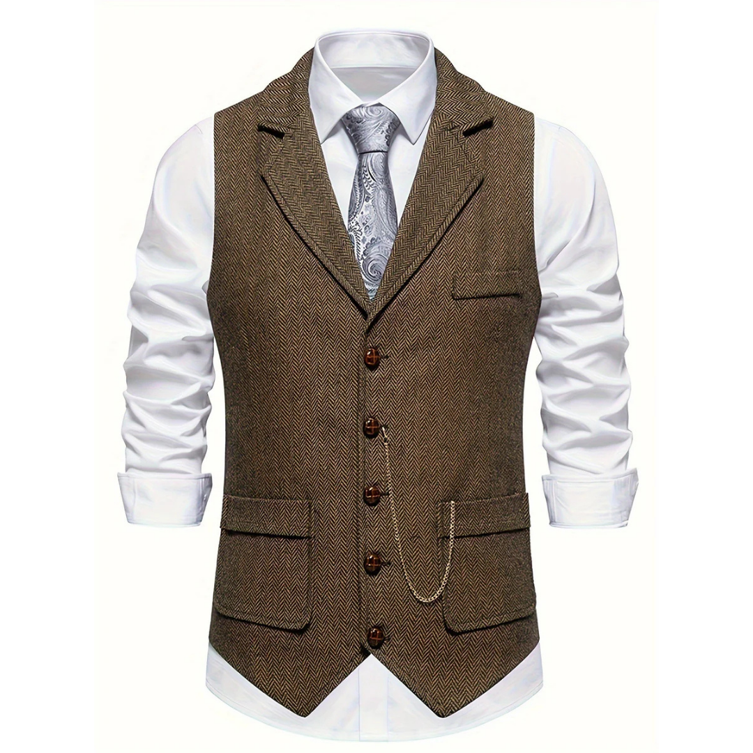 Classic men's v-neck herringbone waistcoat, ideal for formal wear, layered styling, and sophisticated business looks.