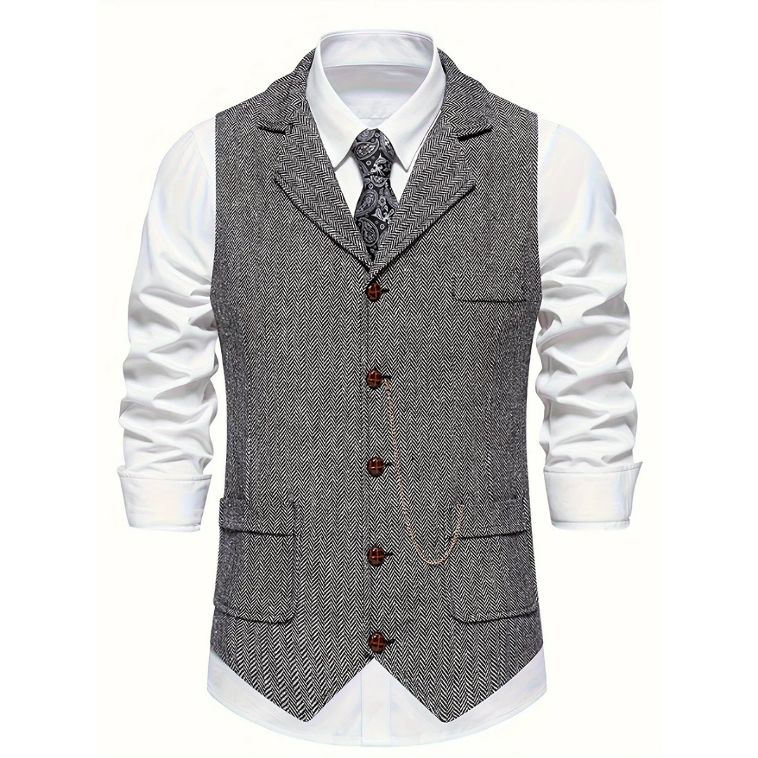 Men's sophisticated herringbone vest with slim fit design, a versatile waistcoat for timeless business and formal outfits.