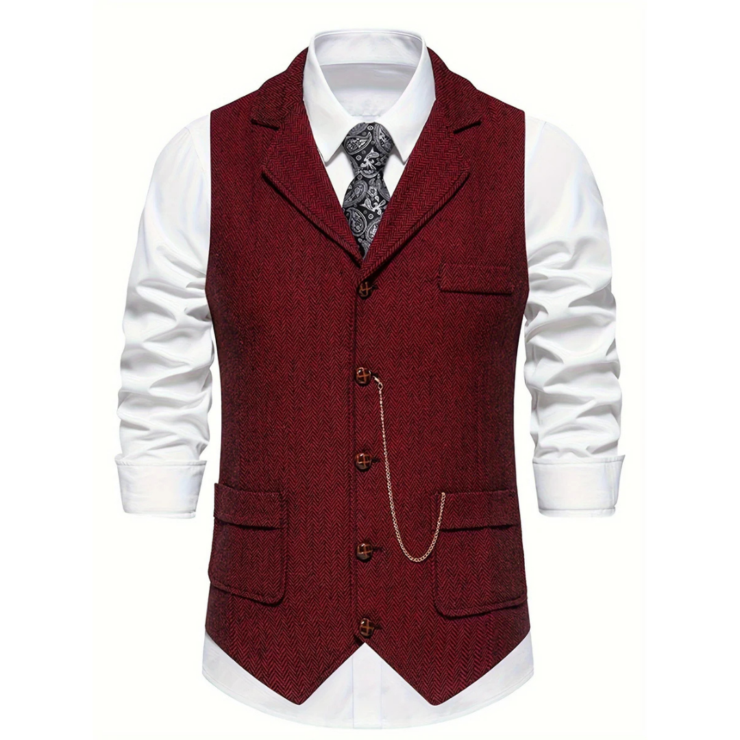 Detailed herringbone pattern on a men's slim fit vest, offering tailored style for both formal events and business casual.