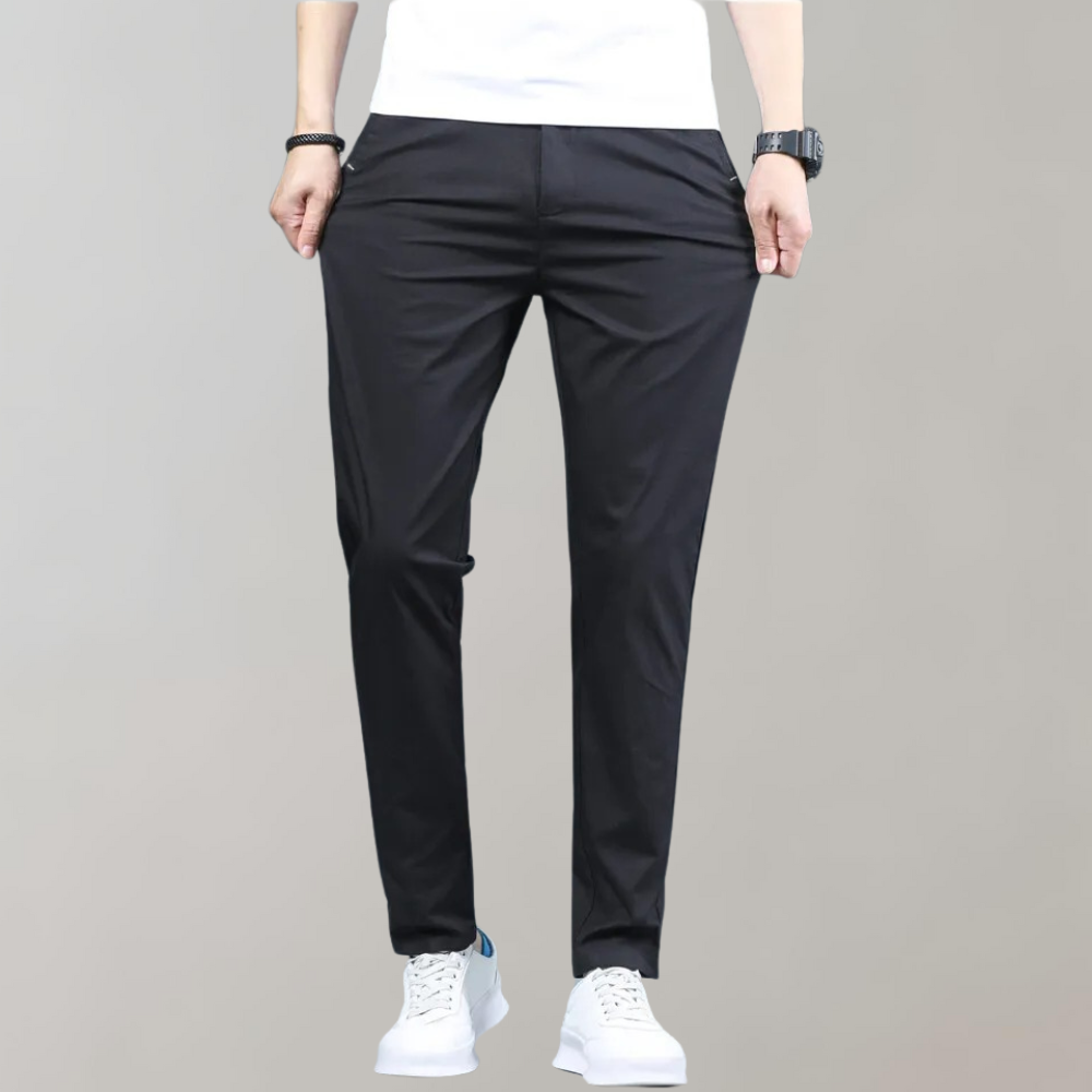 Detailed shot of pocket on men's slim-fit casual pants, emphasizing quality