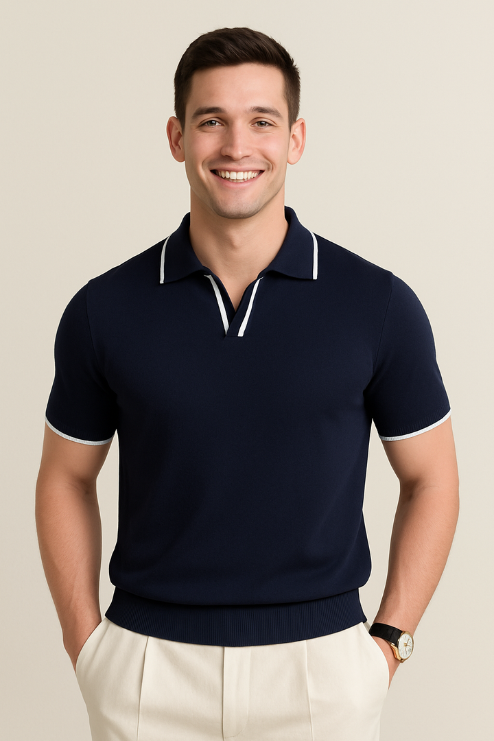 Men's slim fit knit polo shirt with stylish contrast trim, perfect for smart casual summer wear.