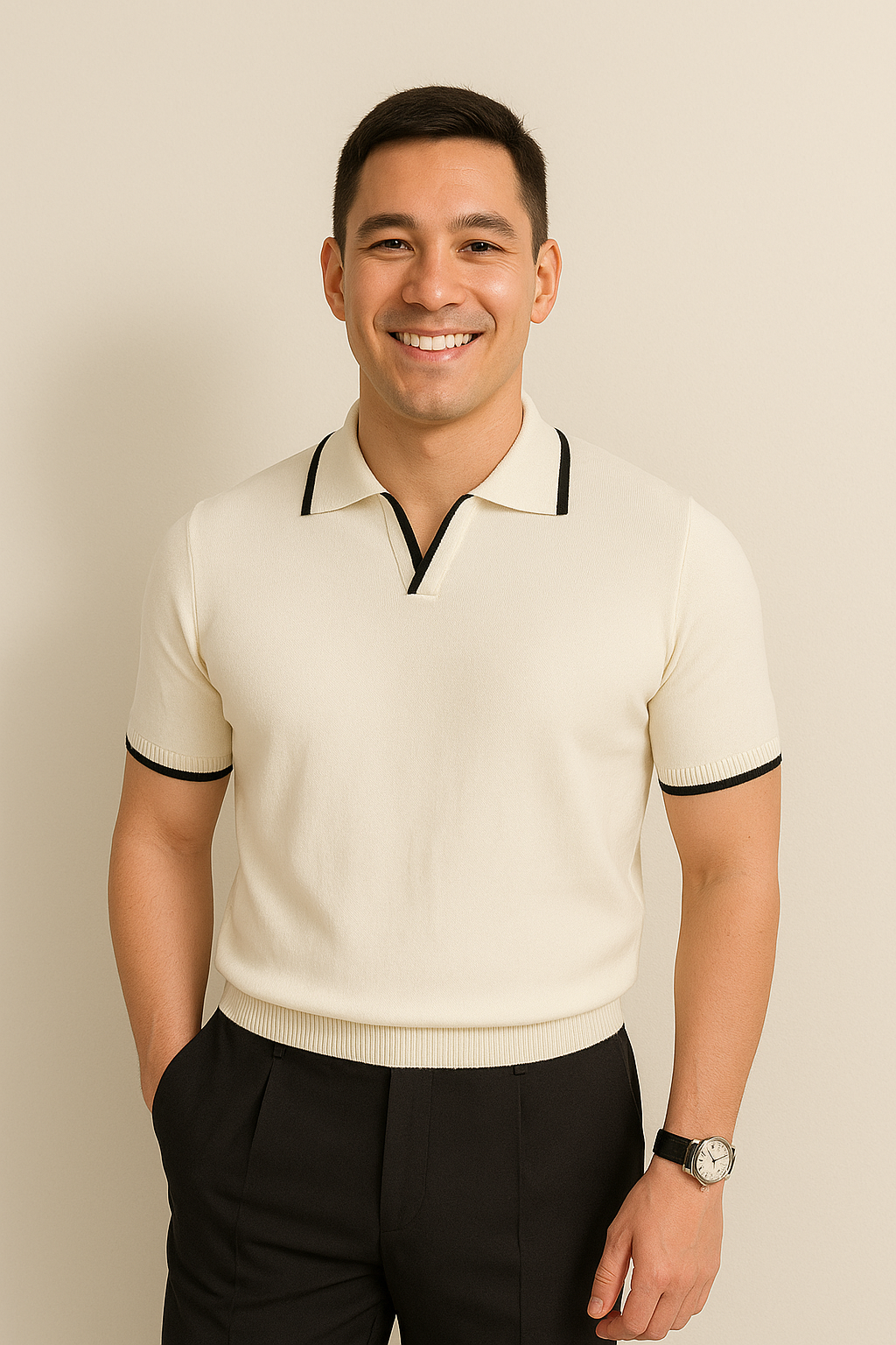 Lightweight men's slim fit knit polo with short sleeves & sharp contrast trim, great for summer style.