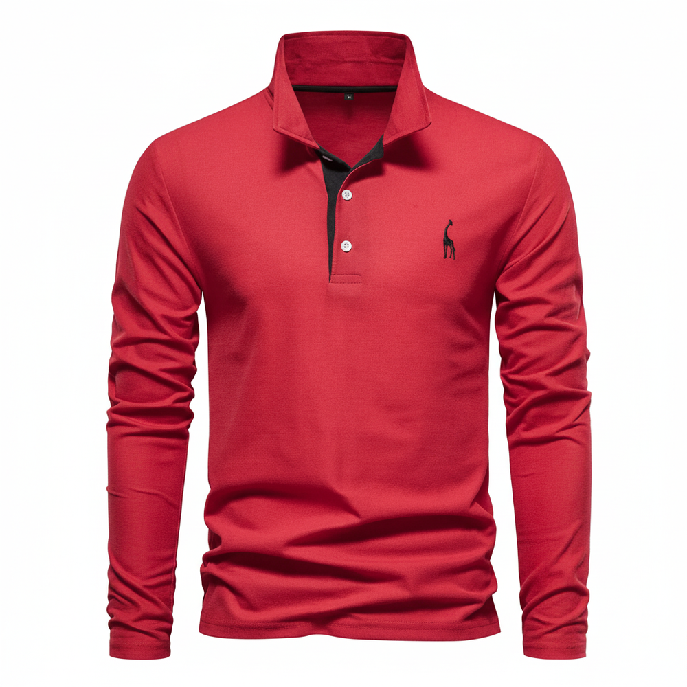 Men's slim fit long sleeve polo shirt, modern style. Ideal for smart casual or everyday wear. Versatile men's fashion.