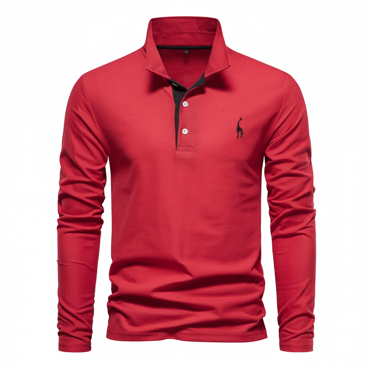 Men's slim fit long sleeve polo shirt, modern style. Ideal for smart casual or everyday wear. Versatile men's fashion.
