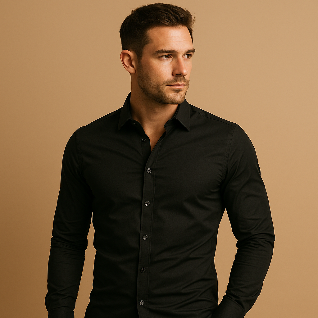 Men's slim fit modern dress shirt, long sleeve button-up. Perfect for formal wear or office attire.