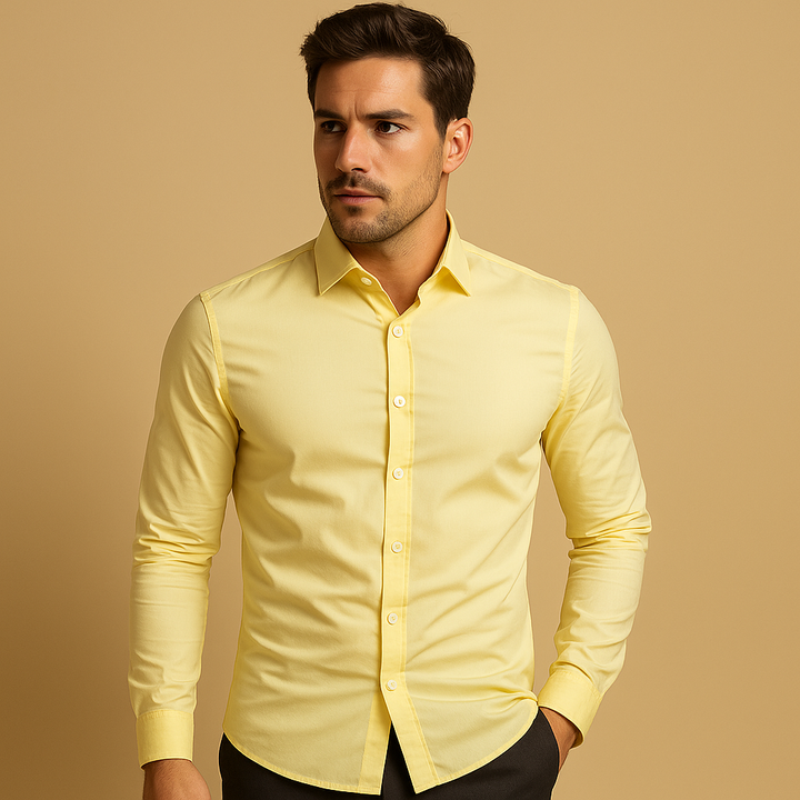 Close-up of a men's slim fit dress shirt, highlighting its modern cut and tailored appearance.