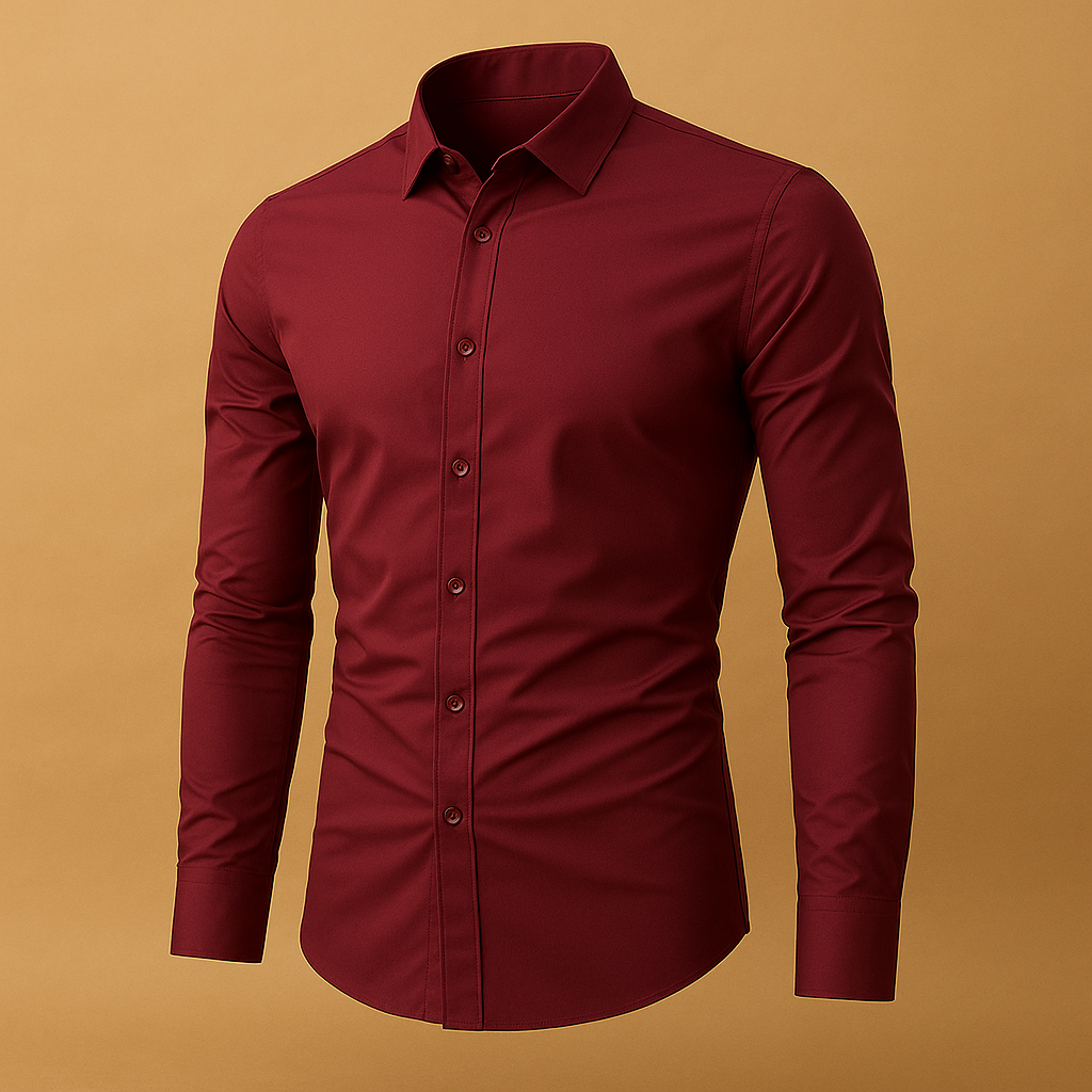 Crisp men's long sleeve slim fit dress shirt, ideal for a sleek office look or stylish formal wear.