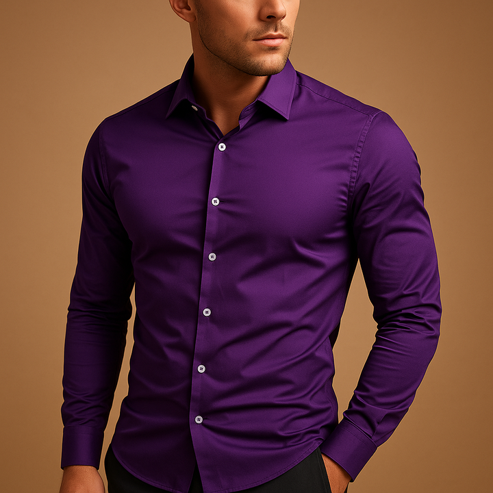 Men's slim fit button-up shirt, great for office attire, business meetings, or a sophisticated casual look.