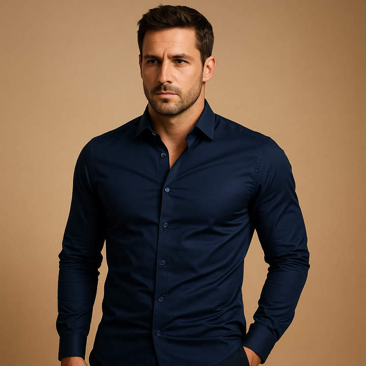 Versatile men's slim fit dress shirt, a modern long sleeve button-up perfect for stylish casual or formal wear.