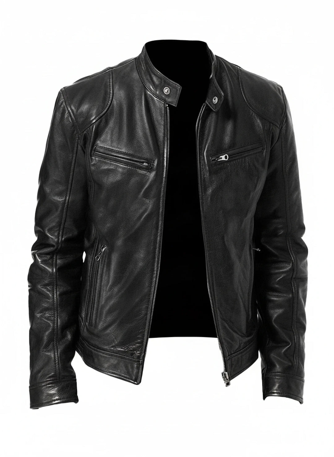 Stylish men's slim fit moto jacket with zippered pockets, modern racer style, perfect for contemporary fashion.