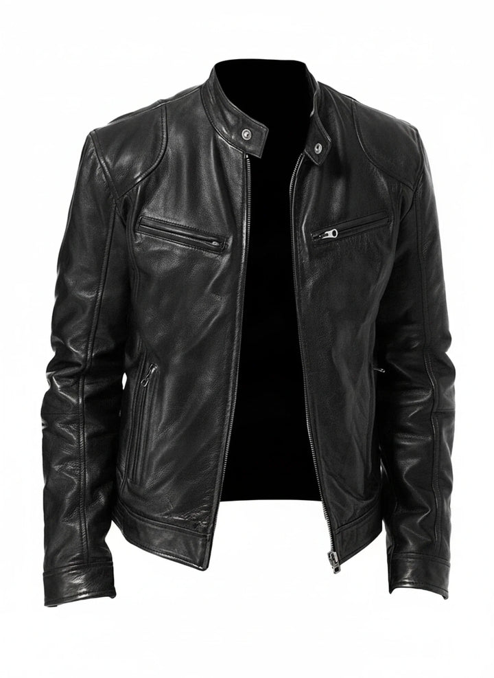 Stylish men's slim fit moto jacket with zippered pockets, modern racer style, perfect for contemporary fashion.