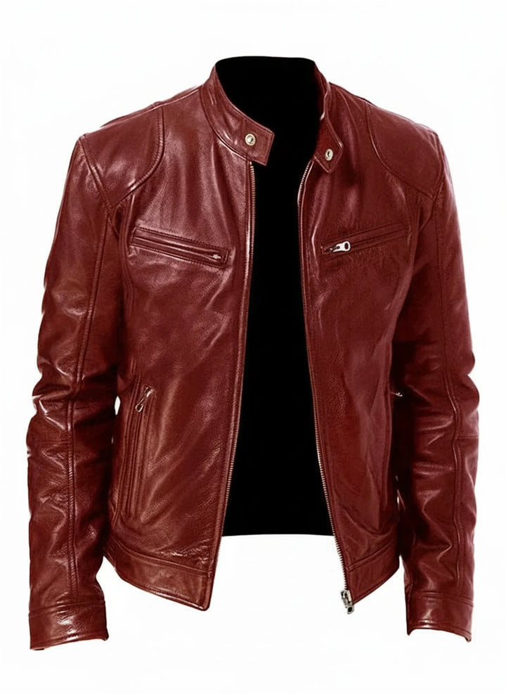 Fashionable men's slim fit moto racer jacket, sleek black design, modern outerwear for a sharp, casual look.
