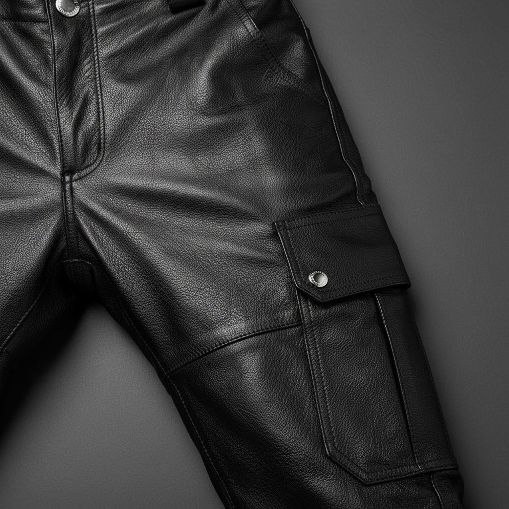 Black men's slim fit motorcycle trousers, a versatile apparel choice for modern urban fashion & rock-inspired style.