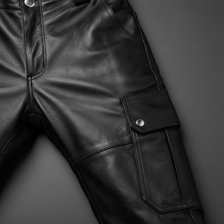 Black men's slim fit motorcycle trousers, a versatile apparel choice for modern urban fashion & rock-inspired style.