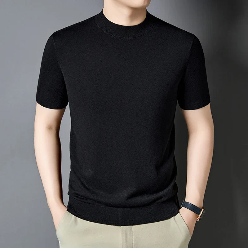 Men's slim fit short sleeve mock neck casual t-shirt for modern style.