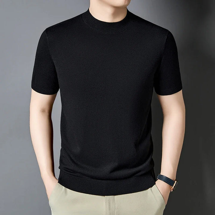 Men's slim fit short sleeve mock neck casual t-shirt for modern style.