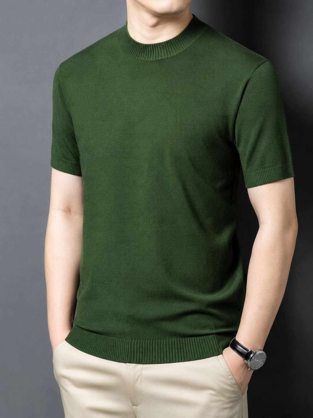 Mock neck detail on men's slim fit short sleeve casual t-shirt, sophisticated.