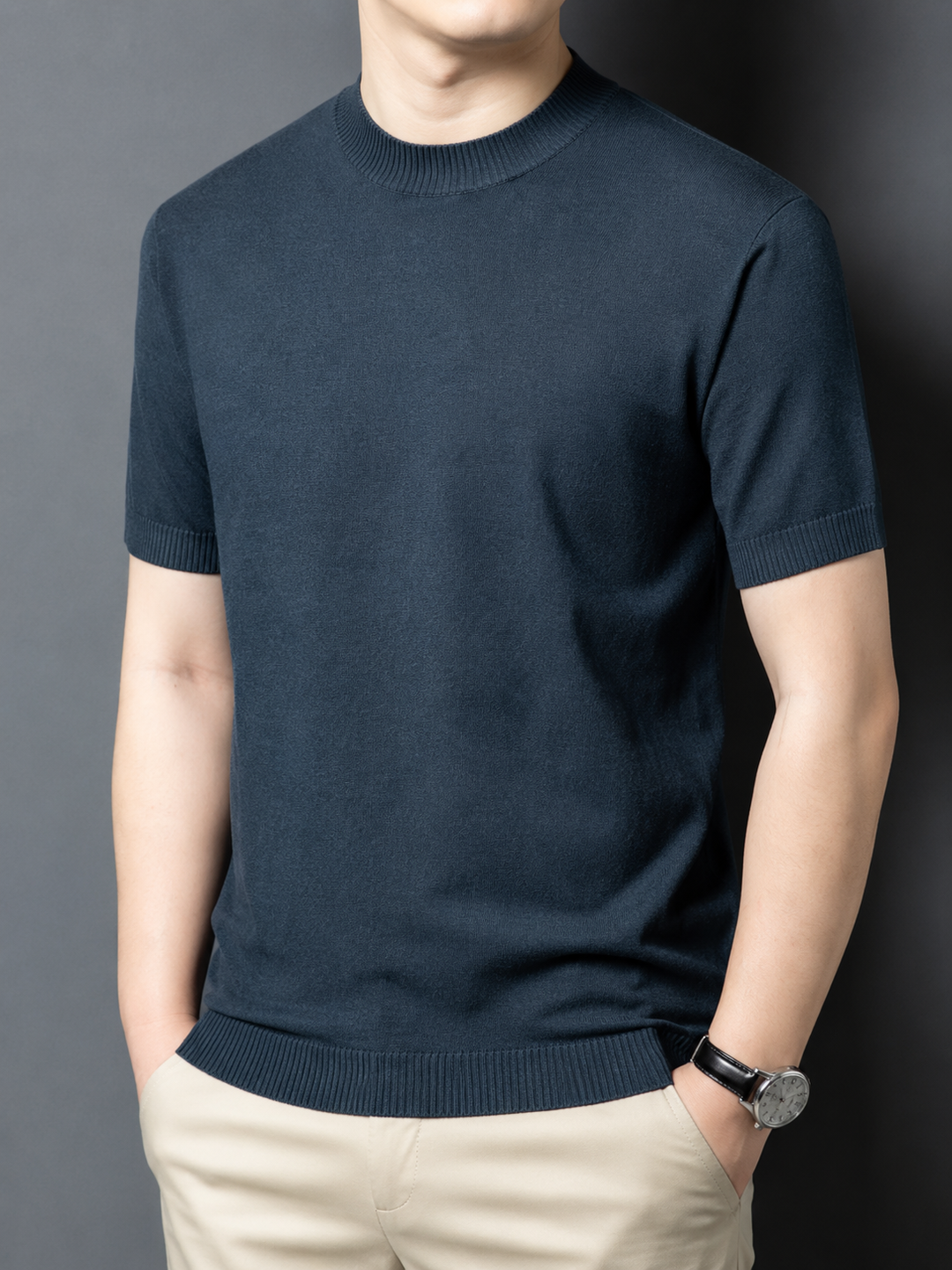 Modern men's slim fit short sleeve mock neck t-shirt, ideal for spring fashion.
