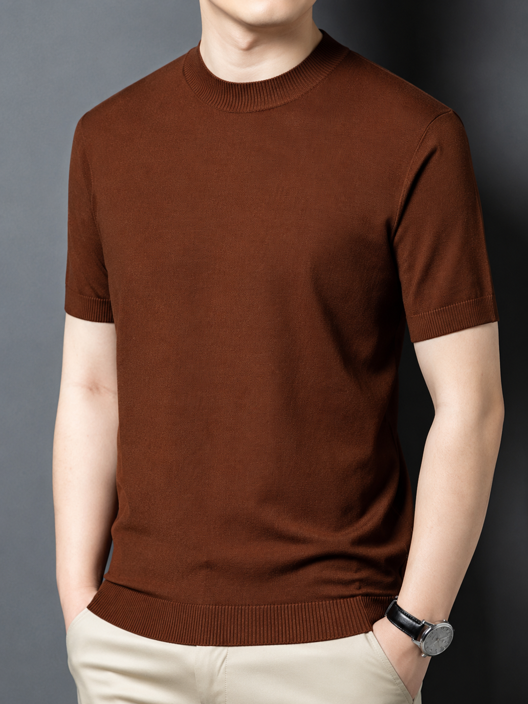 Extremely comfortable men's slim fit mock neck tee, short sleeves, versatile.