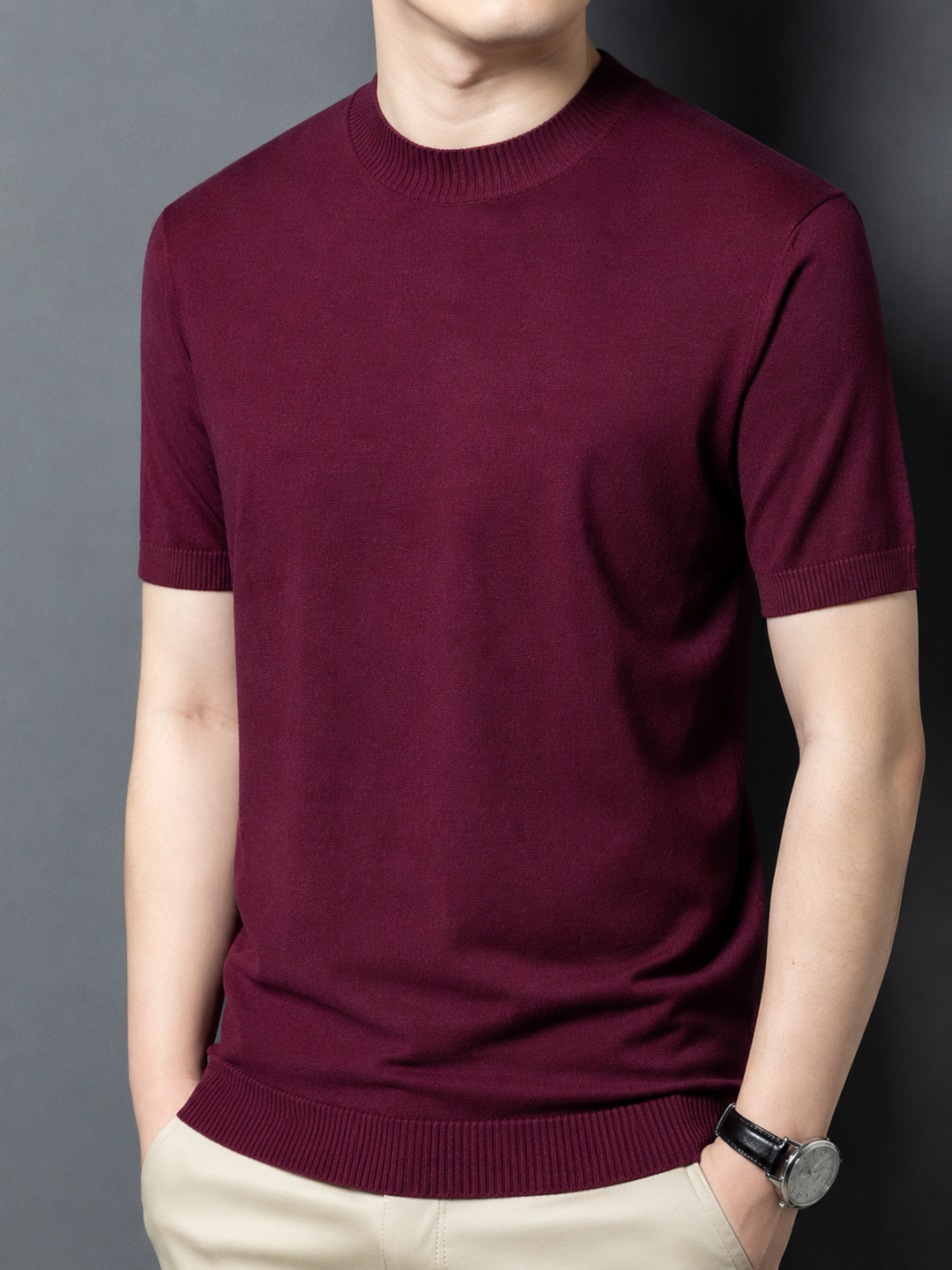 Contemporary men's slim fit short sleeve mock neck t-shirt, essential casual wear.