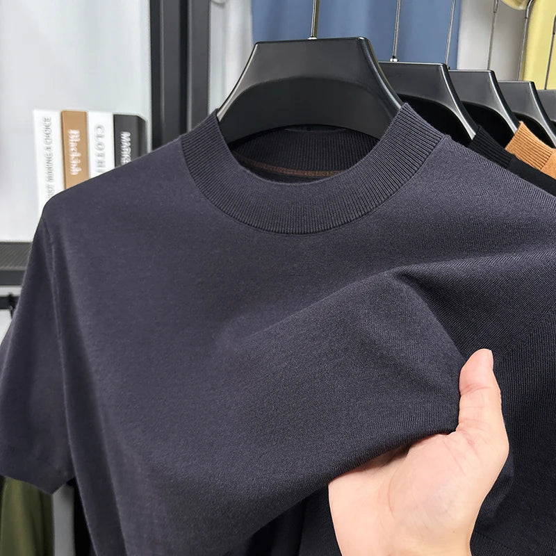 Men's casual short sleeve mock neck t-shirt, slim fit for a sleek aesthetic.