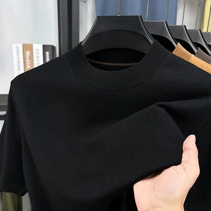 Everyday men's slim fit mock neck tee, short sleeve, easy to style for outings.