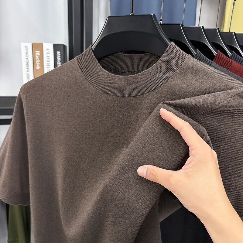 Lightweight men's slim fit short sleeve mock neck t-shirt, ideal for warm weather.