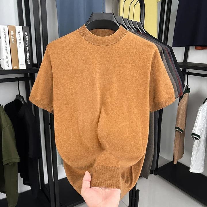 Stylish men's short sleeve mock neck t-shirt, slim fit design, summer fashion staple.