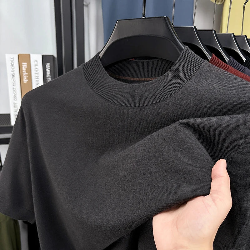Men's versatile slim fit short sleeve mock neck t-shirt, comfortable everyday casual wear.