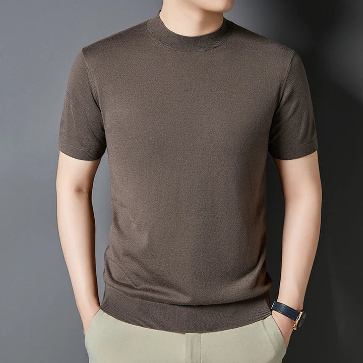Comfortable men's mock neck tee, slim fit, soft fabric, short sleeve for daily wear.