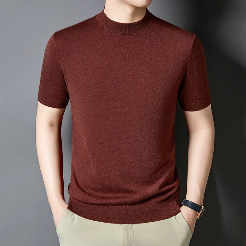 Slim fit men's mock neck tee, short sleeve, contemporary casual style.