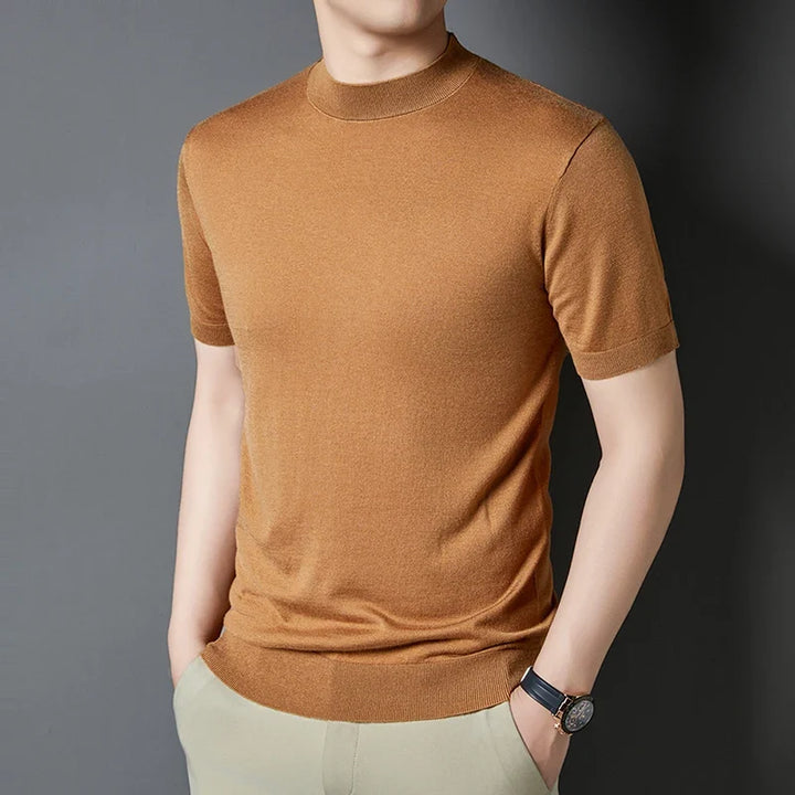 Versatile men's short sleeve mock neck t-shirt, perfect for everyday wear.