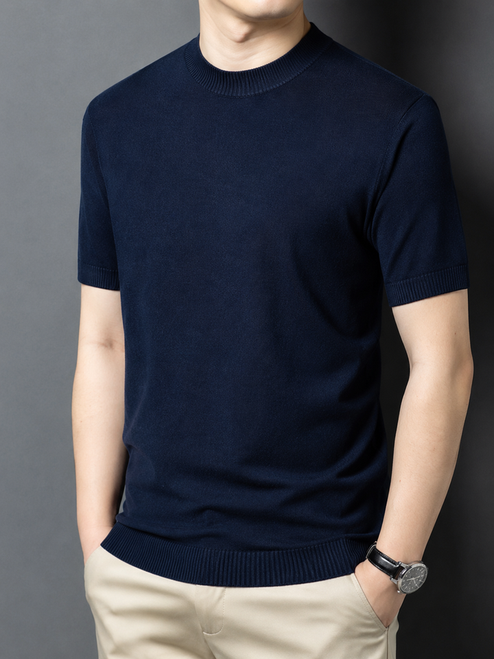 Elegant men's contemporary slim fit mock neck tee, short sleeve design.