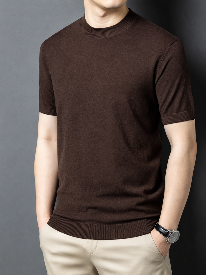 Stylish men's mock neck tee in a solid color, slim fit, short sleeve.