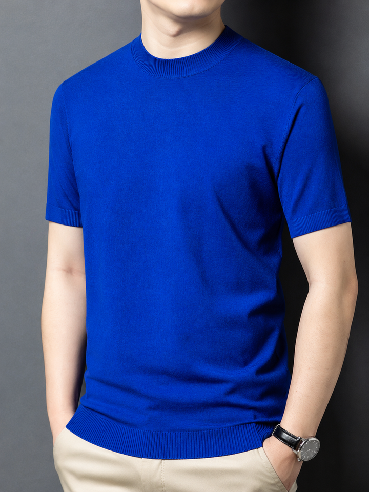 Men's spring/summer slim fit mock neck short sleeve t-shirt, casual comfort.