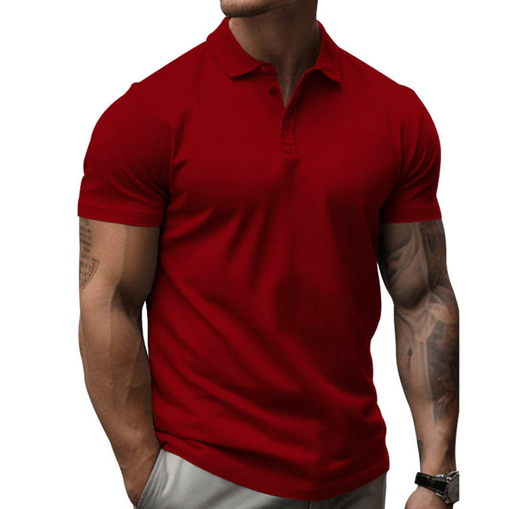 Stack of men's slim-fit short sleeve polo shirts in various colors for summer fashion.