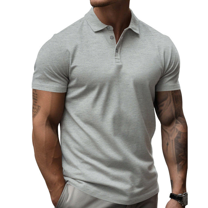 Detail of collar & buttons on a men's slim-fit short sleeve polo, smart casual style.