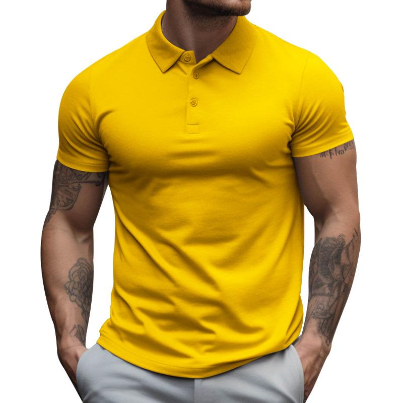 Men's slim-fit short sleeve polo shirt on a hanger, showcasing its summer casual style.