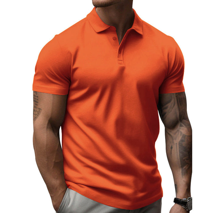 Men's slim-fit short sleeve polo worn outdoors for stylish summer athletic & casual activities.