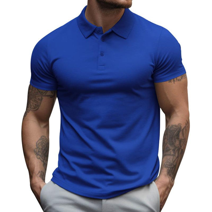 Stylish men's slim-fit short sleeve polo, highlighting modern athletic cut & menswear.