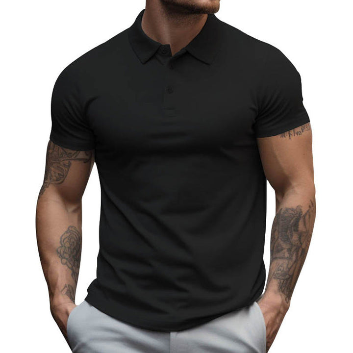 Side profile: Men's slim-fit polo, showing modern athletic cut & short sleeves.