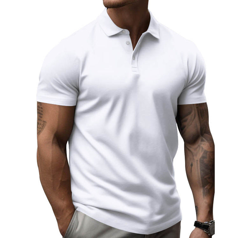 Model in stylish men's slim-fit short sleeve polo, perfect for casual summer outings.