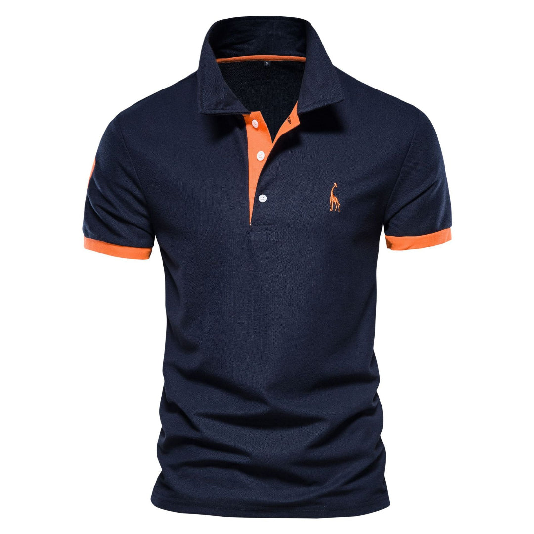 Men's slim fit short sleeve polo shirt with contrast collar and cuff trim, perfect for smart casual wear.