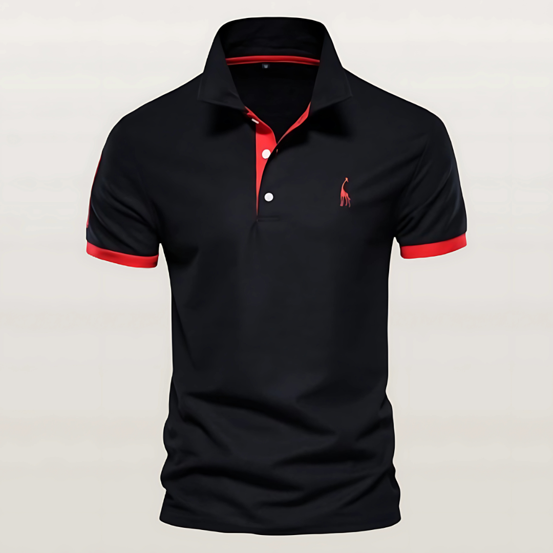 Close-up of the stylish contrast trim detail on a men's modern fit short sleeve collared polo shirt.