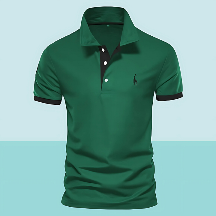 Side profile of a men's slim fit short sleeve polo, showcasing its modern cut and versatile style.
